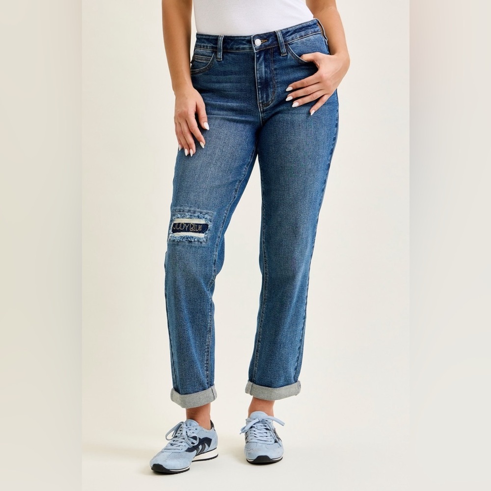 Judy Blue Mid Rise Boyfriend Embroidered Repair Patch Jeans​